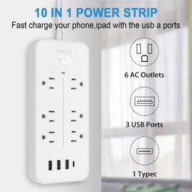 egghat Surge Protector Power Strip 6 Widely Outlets 3 USB & 1 USB-C Port, 3.9 FT Flat Plug, 2000W/10A 1700 Joules Wall Mount Power Strip