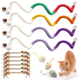 Yuaerbuo 13 Pack Catnip Toys for Kittens, 4 Cat Chew Toy Bite Rope, 3 Catnip Mouse Toys, 6 Silvervine Chew Sticks with Feather, Kitten Teething Toys for Indoor Cat and Playing