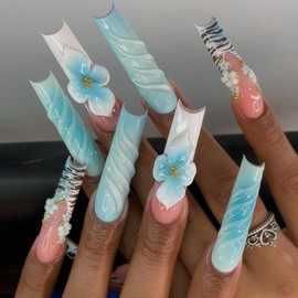 Rchovsam xl French Tip Press on Nails Long Square Fake Nail 3D Floral Designs False Nails Press Ons Blue Stick on Nails Full Cover Artificial Nail Gift for Women 24pcs