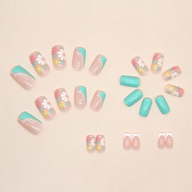 Square Press on Nails 24 PCS Green Fake Nails White Fake Nails Flower Design Fake Nails Medium Length Fake Nails Artificial Fake Nails for Women and Girls Daily Decorations