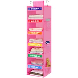Fivebop 6-Shelf Weekly Clothes Organizer for Kids, Hanging Daily Closet Organization with 6 Side Pockets, Days of The Week Clothing Divider Storage for Boys and Girls (Pink)