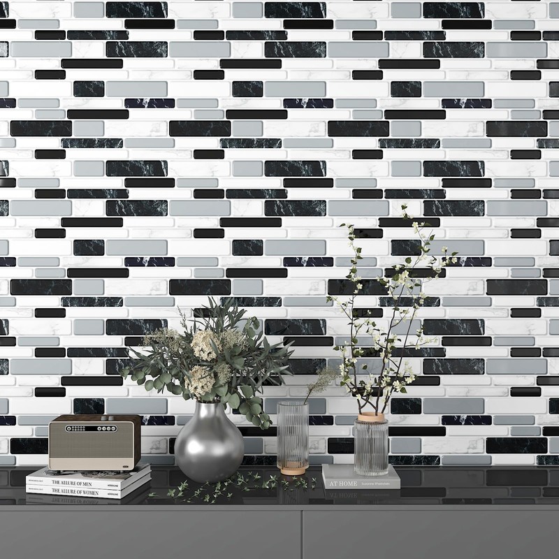 CHIHUT 6 Sheets 12"x12" Black White Gray Marble Mosaic Peel