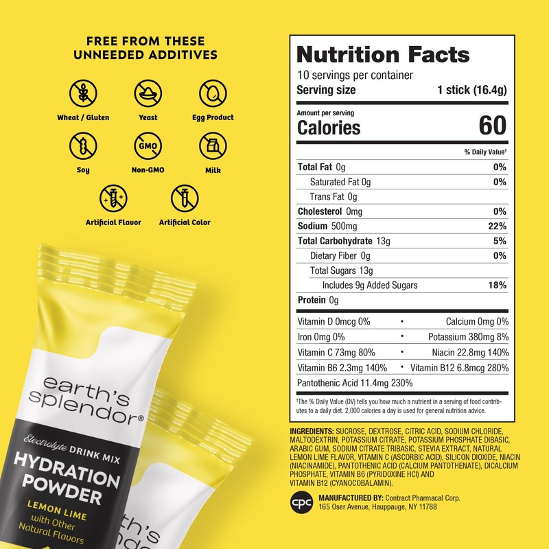 Earth's Splendor Electrolytes Powder Packets Lemon Lime Hydration Drink Mix