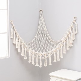 siawadeky Toy Hammock, Storage Net, Children's Toy Storage, Hanging, Plush, Woven, Triangular Wooden Beads, Tassels, Children's Toy, Stuffed Toy, Storage, Indoor Use, Organized, 47.2 x 47.2 x 55.1 inches (120 x 120 x 140 cm)