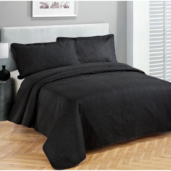 Fancy Linen 3pc Coverlet Embossed King/California King Bed Cover, Black, 118 x 106-Inches