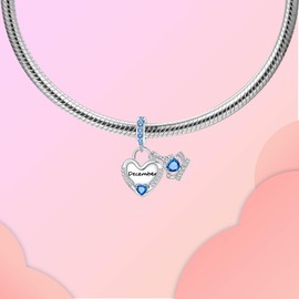 LUXILLA Birthstone Charms 925 Sterling Silver Cubic Zirconia Heart Dangle Charms fit for Bracelets and Necklaces Jewelry Gift （December）