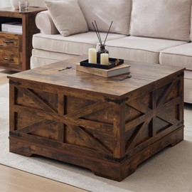 Brown Coffee Table with Storage,Cocktail Table with Hinged Lift Top, Farmhouse Square Wood Center Table with Large Hidden Storage Compartment for Living Room, Square Coffee Table, Metal Edges Decor