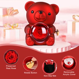 Suturun Cute Teddy Bear with Preserved Rose,Eternal Flowers Rotating Rose Box with Necklace Romantic Gift for Her in Valentine's Day, Mother's Day,Weddings,Anniversaries,and Bridal Showers