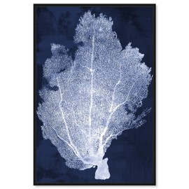 The Oliver Gal Artist Co. Nautical and Coastal Framed Wall Art Canvas Prints 'Coral Fan Cyanotype 2' Marine Life Home Décor, 20" x 30", Blue, White