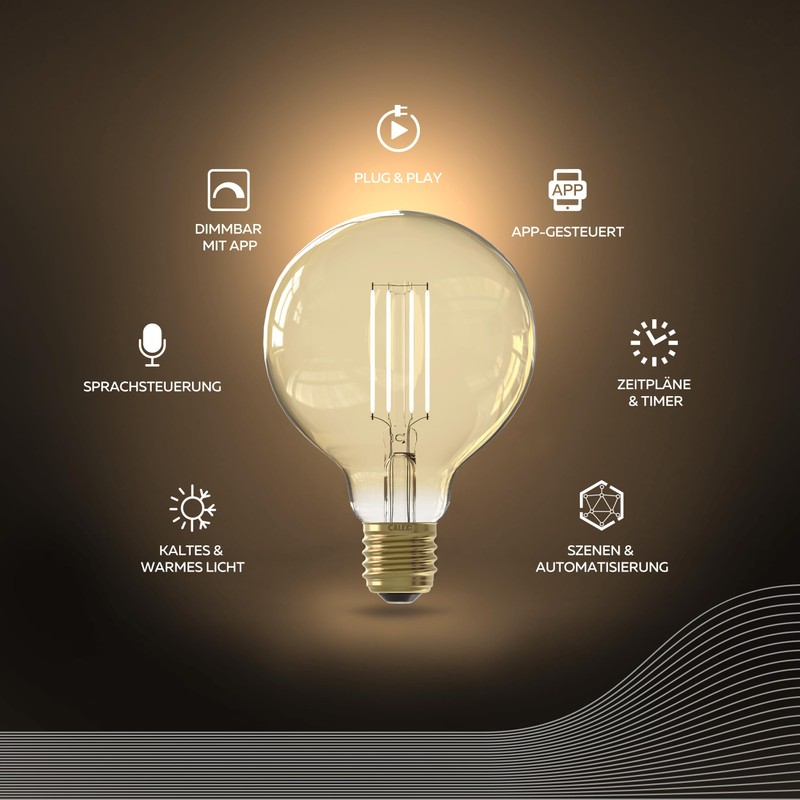 CALEX Smart Lamp Filament, E27 Globe G95 Gold, WLAN Lamp