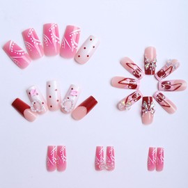 ONPRESS 24Pcs Pink Press on Nail Medium Square Fake Nails with 3D Bow Plears Lips Flower Design Stick on Nails Red French Tip False Nail Cherry Polka Dots Glue on Nail Acrylic Nail for Women