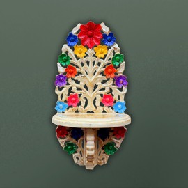 Charmy Crafts 18″ Wooden Jharokha Wall Shelf with Base – Hand‑Carved Reclaimed Wood Decorative Shelf for Planters, Showpieces & Home/Office Decor (Off‑White)