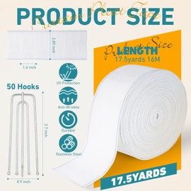 Curtain Pleat Tape, 16m/17.5 Yards White Curtain Pleat Tape with 50Pcs Stainless Steel Hooks Hooks with 4 Prongs, Comes with Pinch Pleat Curtain Tape, for DIY Pleated Curtain