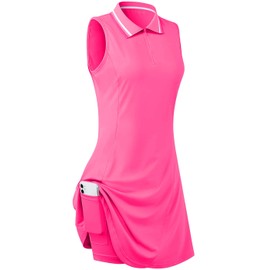 FREEYE Sleeveless Tennis Dresses for Women Summer Golf Dress with Shorts Athletic Polo Dresses Pickleball Outfits Pink M