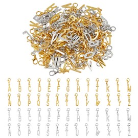 SUPERFINDINGS 104Pcs 2Colors A-Z Alphabet Letter Charms Alloy Zipper Pull Charms Clip On Charms Alphabet ABC Charms Stainless Steel Gold Letter Pendant Charms with Claw Clasps
