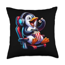 Gamer Penguin Popcorn Gaming Chair Headphones Games Player Throw Pillow