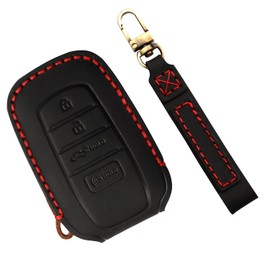 LOCOY Key Fob Cover for Toyota Tundra, Venza, Grand Highlander, Tacoma, Crown, Corolla, Sequoia, Camry, Black Leather with Red Stitches, 1Pcs