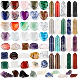 Liliaafar 65 Pcs Gemstones and Natural Crystals Set Tumbled Stones Wands Pocket Heart Gems Raw Crystals Amethyst Crystal Rose Quartz Polished Energy Meditation Chakra Christmas Gift Stocking Stuffers