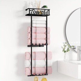 Towel Racks for Bathroom - 2 Tier Towel Holder for Bathroom Wall, Towel Storage with Towel Basket Design and 6 Hooks, Can Holds Up 6 Large Bath Towel for Bathroom Storage (Black) - Color: White