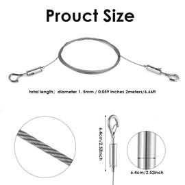 Pack of 2 Wire Rope Adjustable Steel Rope Hanging Safety Stainless Steel Safety Cable Stainless Steel Rope with Eyelets & Hooks 2 m x 1.5 mm Pictures Hanging Rope Photo Rope for Curtains Baskets