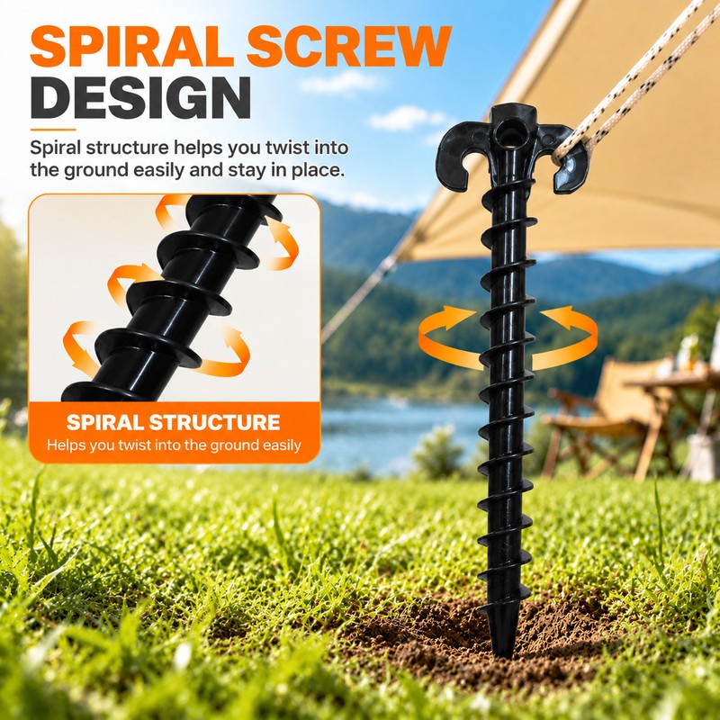 Black Plastic Screw Tent Stakes for Camping – Ground Anchors
