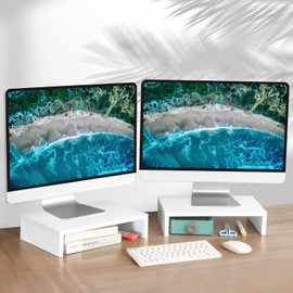 TEAMIX White Monitor Stand Riser - 2 Pack, Wood 2 Tier Adjustable Dual Monitor Riser for Laptop/PC Computer Stand for Desk