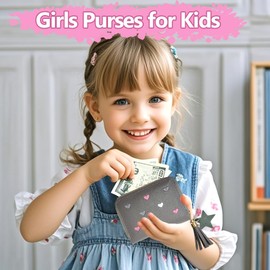 FloraMolly Girls Purses for Kids, Cute Heart Grey Small Purses with Zip Tassel Soft Artificial PU Wallets with Coin Pocket