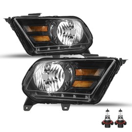 SOCKIR Headlight Assembly w/Bulbs Compatible with 2010 2011 2012 2013 2014 Ford Mustang Left Driver Side and Right Passenger Side (Black Housing with Amber Reflector)