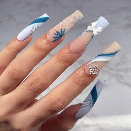 Christmas Press on Nails Long - Coffin Fake Nails with Snowflake Bow Charms Design - Blue Winter Stick on Nails Press ons - for Women 24 Pcs