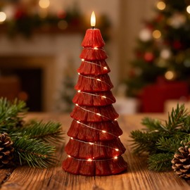 Christmas Tree Candles with Remote, Red Christmas Flameless Candles with Embedded Star String Fairy Lights, Battery Operated Candles, Flickering Xmas Flameless Candles for Table Decor