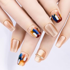 Closeus Press On Nails Handmade Short Hand-painted Oil Painting Gradient 3D Crystal Cat Eye Glitter Designed Natural Luxury Fit Gem Pearl Glue Reusable Stick On Nail in 10Pcs 3 Sizes Kit S