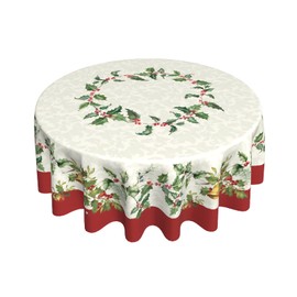 Sweetshow Merry Christmas Round Tablecloths 60 Inch Holiday Tablecloth Decor Winter Gold Green Table Cloth Polyester Fabric Season Outside Table Cover for Kitchen Outdoor Indoor Party