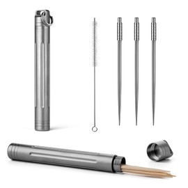 TISUR Titanium Portable Toothpick Holder Pocket with 3 Titanium Metal Toothpicks Reusable Toothpick for Outdoor Camping - Grey