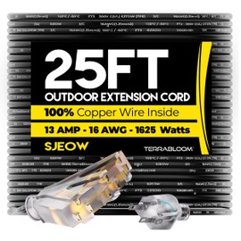 TerraBloom 16/3 Heavy Duty Extension Cord 25 FT Outdoor - Black Outdoor Extension Cord Multiple Outlet - Ultra-Flexible SJEOW Rubber, Light Indicator, Triple Outlet for Maximum Efficiency - 13 Amp