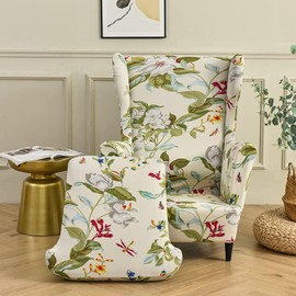 Highdi 2-Piece Wing Chair Cover, Armchair Throws, Wing Chair Protective Covers, Elastic Stretch Tiger Chair Cover with Armrest, High Backrest, Universal (Flower and Leaf)