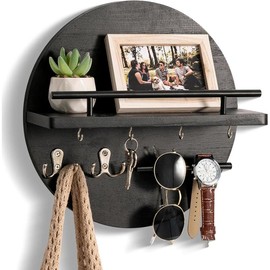 Key Holder for Wall Decorative with Shelf and Hooks, Mail Organizer Wall Mount with Sunglasses Holder, Circular Design Entryway Key Rack Hanger, Rustic Home Decor for Mudroom (White) - Color: black