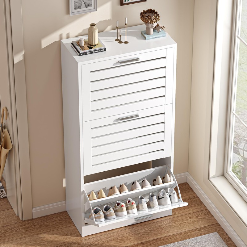 VECELO Shoe Storage Cabinet with 3 Flip Drawers, Slim Hidden