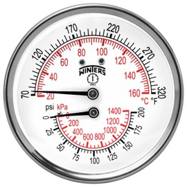 Winters TTD Series Steel Dual Scale Tridicator Thermometer with 2" Stem, 0-200psi/kpa, 3" Dial Display, ±3-2-3% Accuracy, 1/2" NPT Back Mount, 70-320 Deg F/C