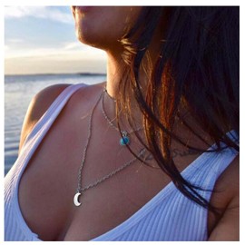 Yheakne Boho Layered Moon Turquoise Necklace Choker Silver Round Gemstone Pendant Necklace Chain Long Necklaces for Women and Girls Vintage Necklace Jewellery
