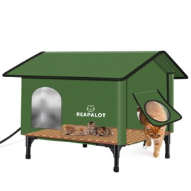 REAPALOT Heated Cat House for Outside Cat in Winter, Insulated Outdoor Feral Cat Shelter with Cat Heating Pad, Elevated Heated Kitty House for Multiple Cats (Green, L(24.4"x16.9"x24.4"))