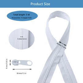 Continuous Zip with Zip 5 mm, 5 m Long Zip, Endless, Zip Sold by the Metre, Nylon White Zip with 15 End Pieces for Clothes, Bedding, Pillows, Bags