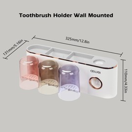 SelWatty Soporte para Cepillo de Dientes, Portacepillos Pared con Dispensador de Dentífrico y 2 Tazas, Sin Taladrar, con Espacio de Almacenamiento, para 4 Cepillo Dientes,para Baño (3 Tazas)