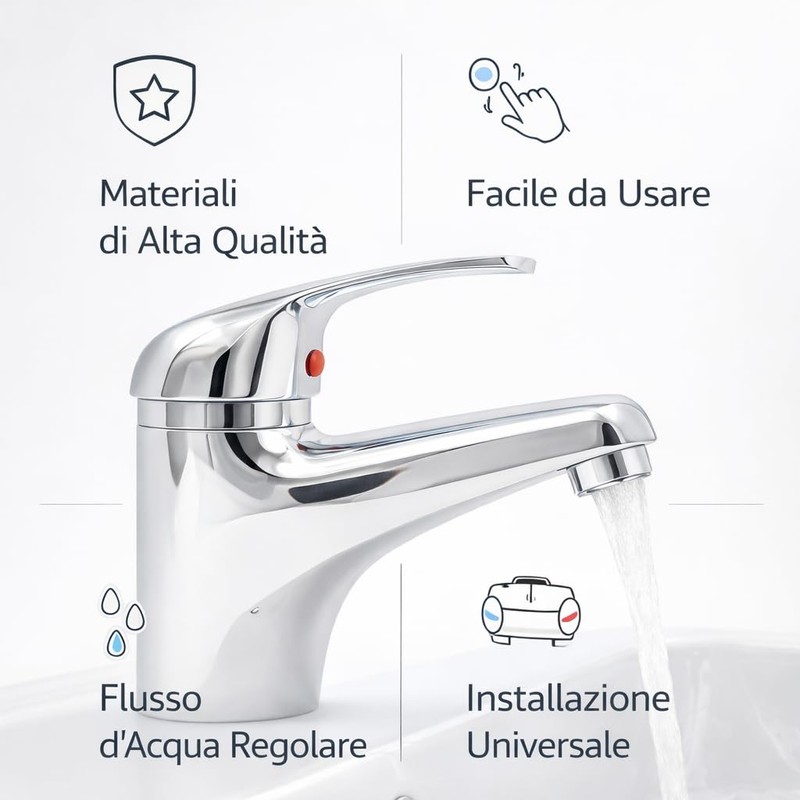 Rubinetto Miscelatore per Lavabo con Finitura Cromata Brillante | Kit