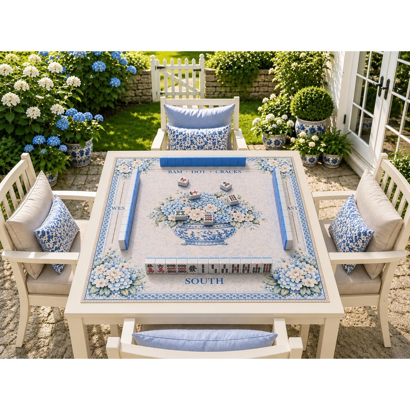 AVAONE American Mahjong Mat 33x33 Inch, Blue Porcelain Floral with