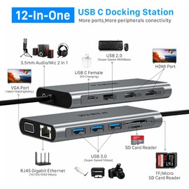 Displaylink USB C Docking Station Dual Monitor, 12 in 1 USB 3.0 to USB C Dock with HDMI,VGA,USB 3.0,PD3.0, Laptop Docking Station for MacBook Pro&Air/M1/M2/Dell/HP and More USB-C& A Ports Laptops