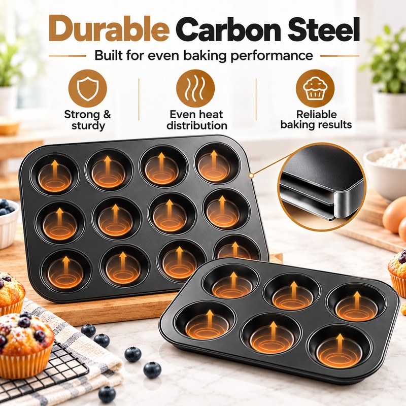 Square Muffin Pan for Home Baking – Nonstick Carbon Steel