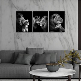 Lions Pictures Wall Art 3 Panels Black and White Animals Wall Decor Modern Lion and Lioness Painting Prints Artwork Living Room Kitchens Decor Wooden Framed Ready to Hang-12 W x16 Hx3pcs