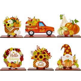 6pcs Fall Decorations for Home Wood Table Centerpieces Thankful Blessed Fall Centerpieces for Tables Decorations Pumpkin Sunflower Maple Leaves Style Autumn Party supplies