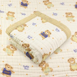 Hivia 6-Layer Cotton Blanket Muslin Blanket 110 x 105 cm Muslin Blanket Baby Muslin Cloths Baby Muslin Blankets Baby Blanket Beige Baby Essentials (Teddy Bear)