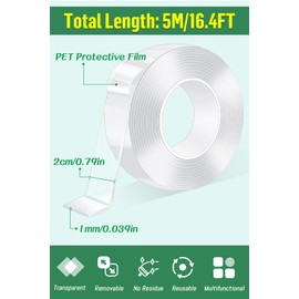 Bolatus 5 m Double-Sided Tape Transparent Extra Strong Nano Tape Double Sided Tape Removable Double-Sided Tape Thin for Home, Kitchen, Car or Multipurpose (1 Roll)